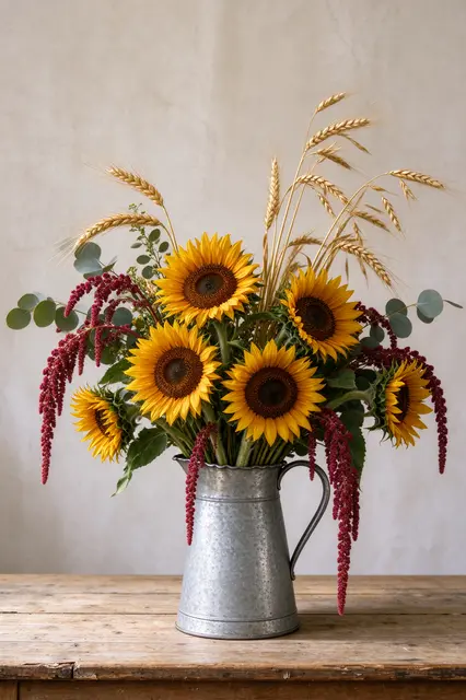 A fall flower arrangement of sunflowers, amaranth and wheat sits in a galvanized pitcher on a weathered wooden farmhouse