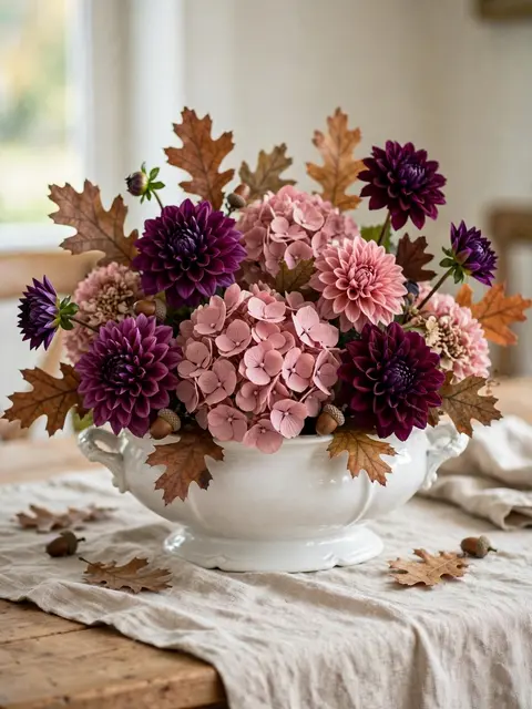 Autumn flower arrangement with hydrangeas, dahlias and oak leaves in a white ironstone tureen on a wooden dining table