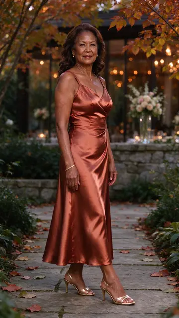 A mature Pacific Islander woman stands on an autumn stone path wearing a terracotta satin dress and gold heels