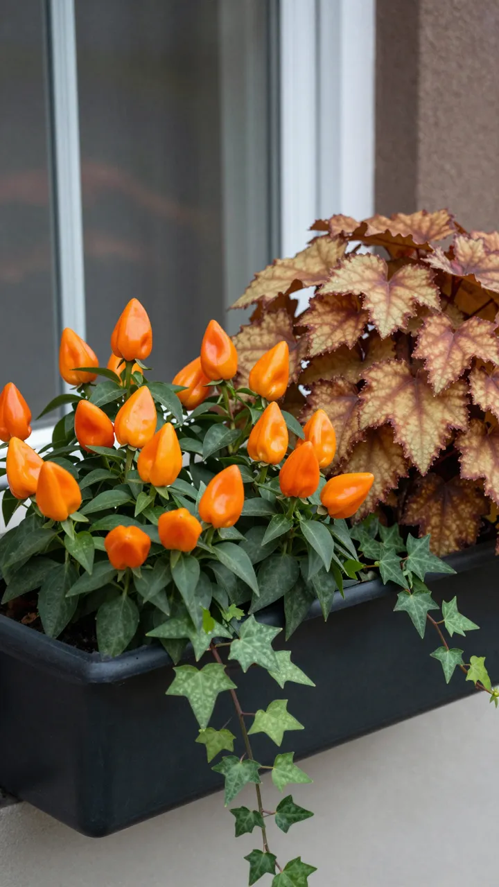 Black window box planted with orange ornamental peppers, caramel heuchera and trailing ivy beside a home window