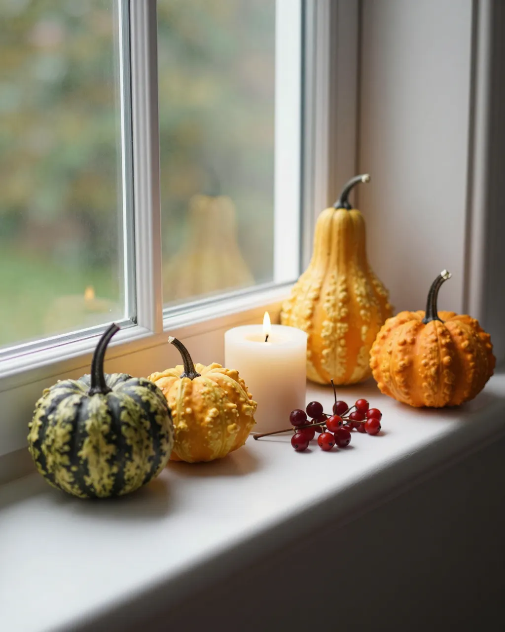 Lit beeswax candle, small gourds and red berries arranged on a sunlit interior windowsill