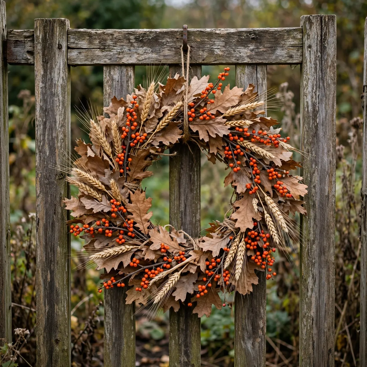 Autumn wreath of dried oak leaves, wheat and orange berries hangs from a weathered wooden garden gate