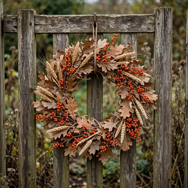 Autumn wreath of dried oak leaves, wheat and orange berries hangs from a weathered wooden garden gate