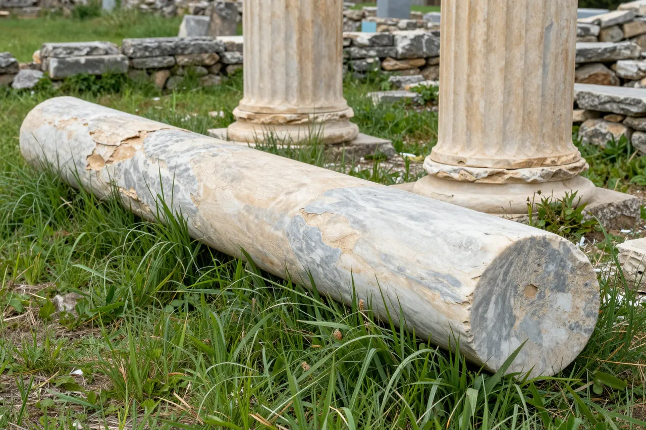 A weathered fallen marble column rests in tall grass beside two standing columns at a Greek archaeological site