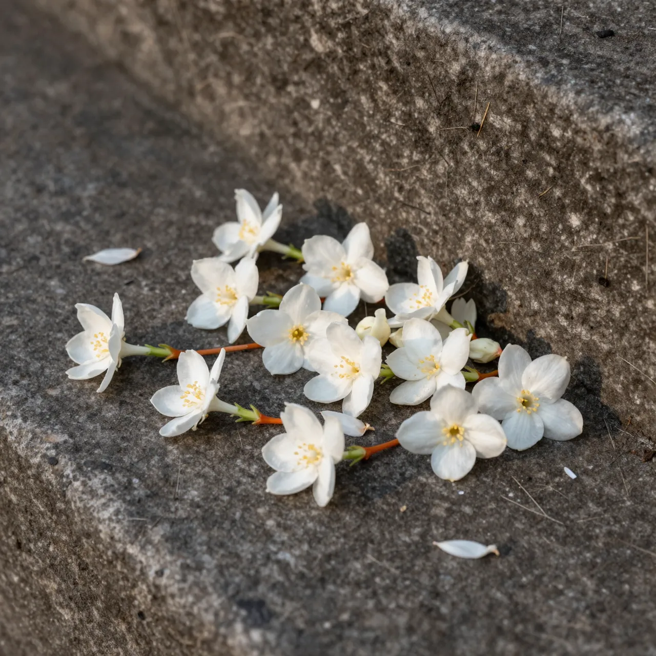Delicate fallen white jasmine flowers rest on a rough weathered stone step in soft morning light.