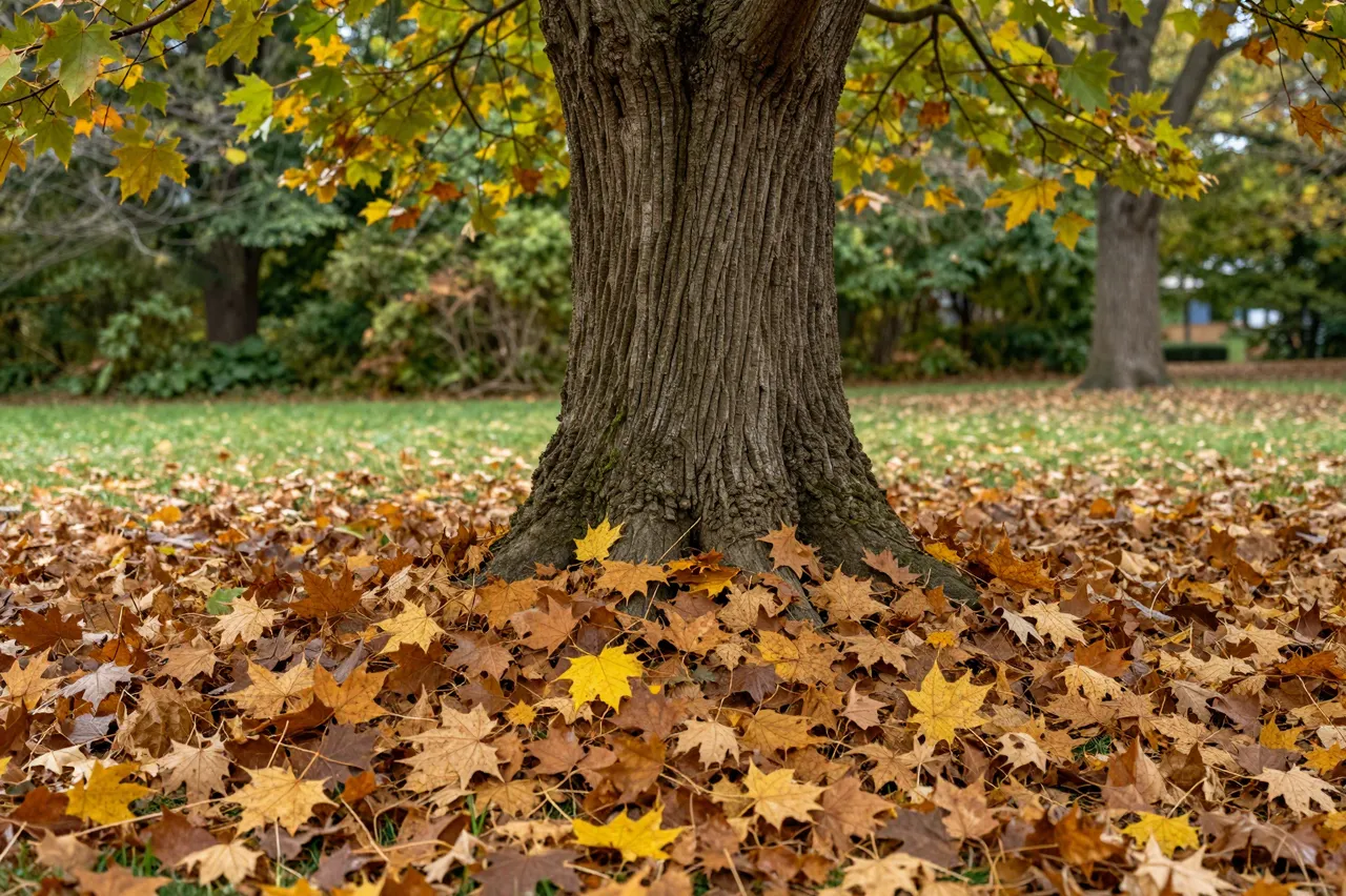 Thick maple tree trunk stands surrounded by a dense pile of autumn fallen leaves in a park