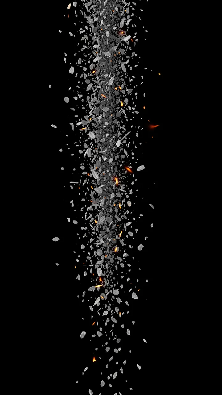 Vertical stream of falling gray ash flecks with small glowing embers against a solid pure black background