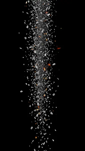 Vertical stream of falling gray ash flecks with small glowing embers against a solid pure black background