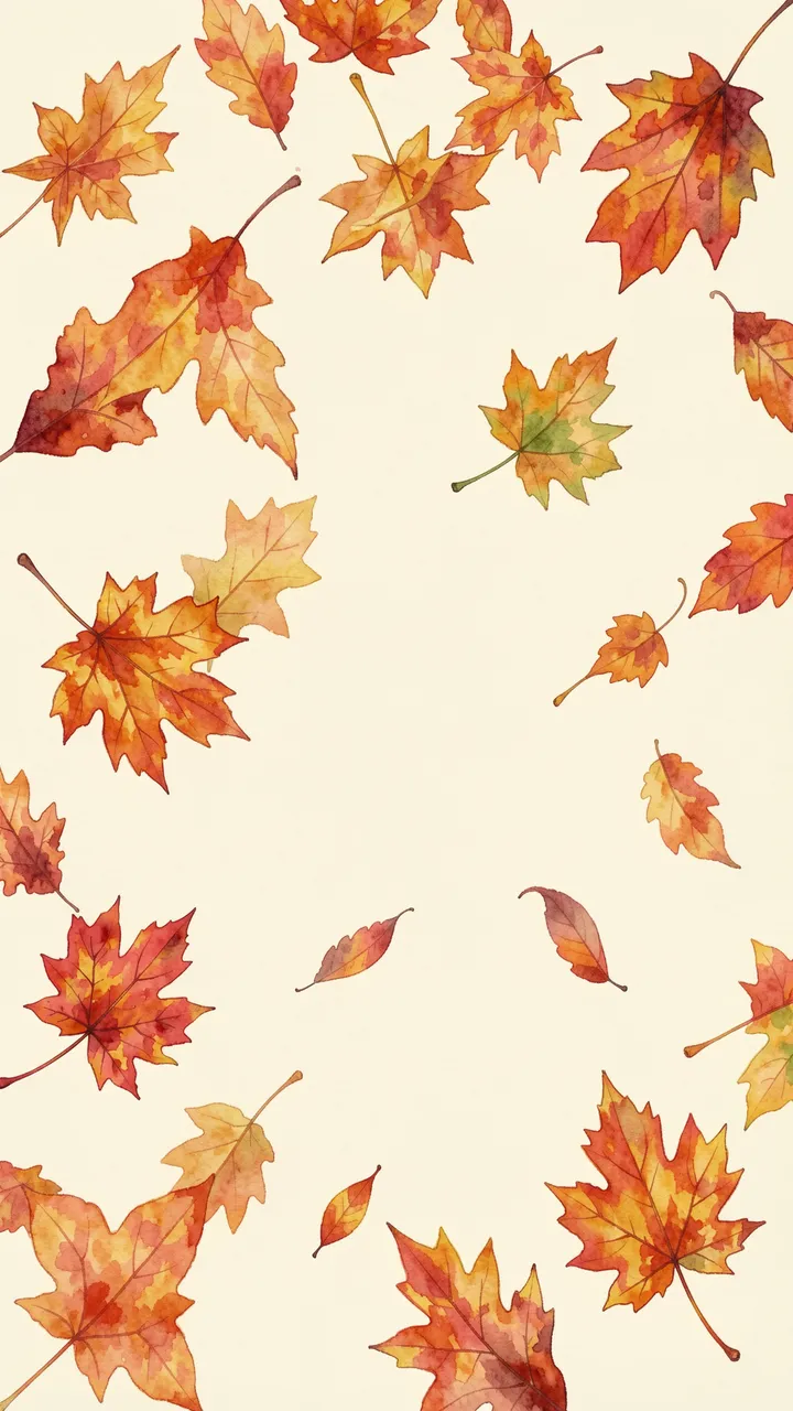 Watercolor illustration of scattered falling autumn leaves on a soft cream background