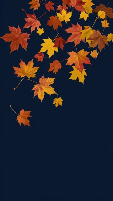 Falling rust and mustard maple leaves float against a solid deep navy background