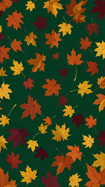 Flat vector illustration of falling maple leaves in warm fall hues over deep forest green