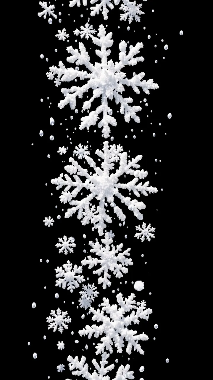 Vertical stream of fluffy wet snowflakes tumbling against a solid pure black background