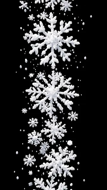 Vertical stream of fluffy wet snowflakes tumbling against a solid pure black background