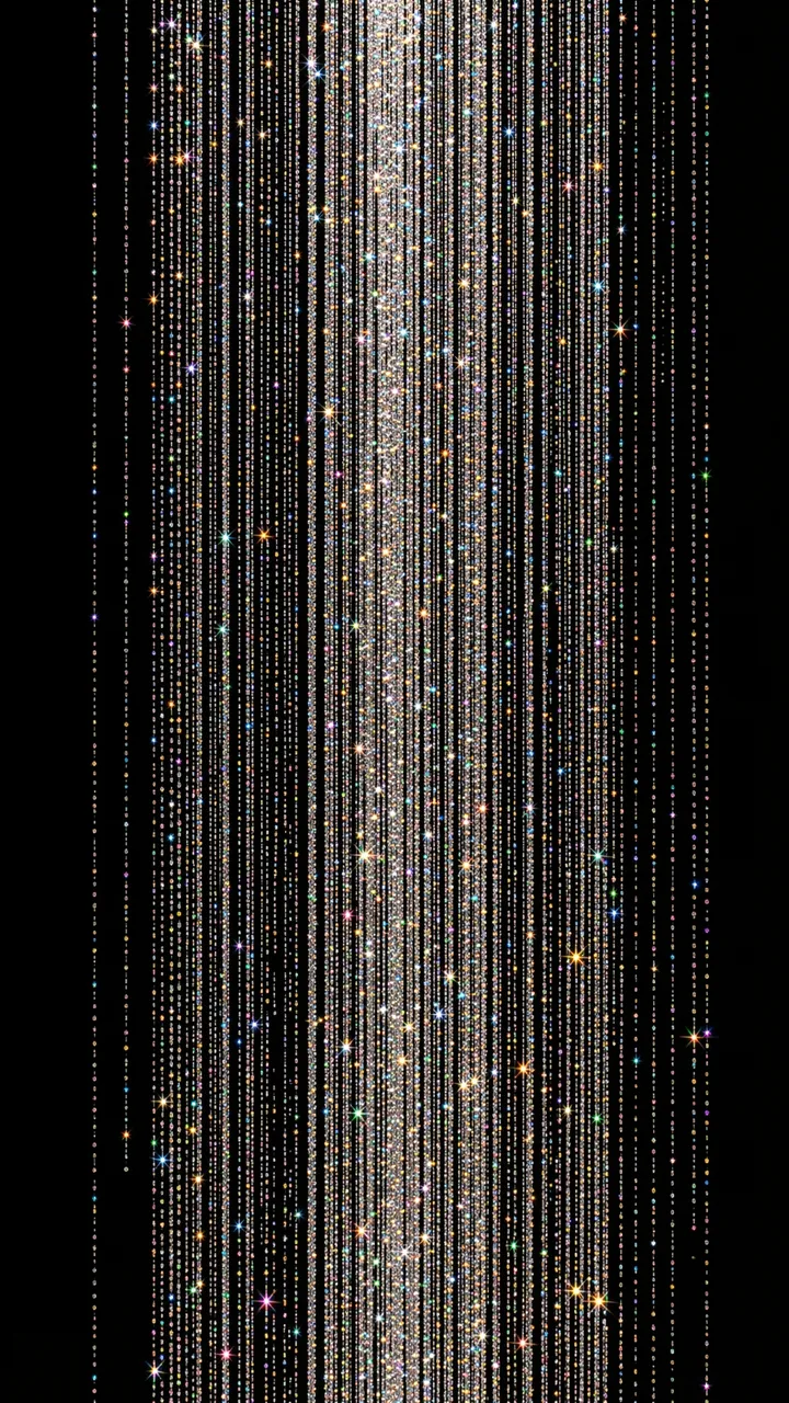 Vertical sparkling glitter streams fall against a solid pure black background
