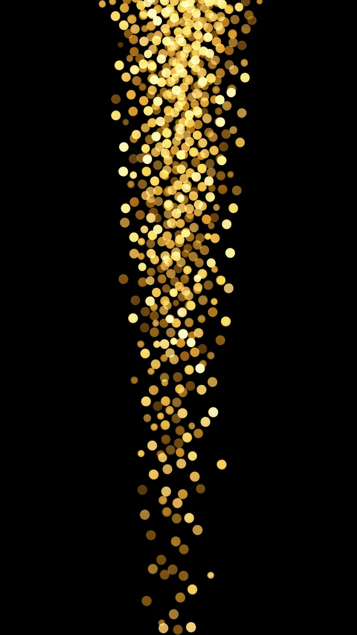 Vertical cascade of glowing golden bokeh dots falling against a solid pure black background