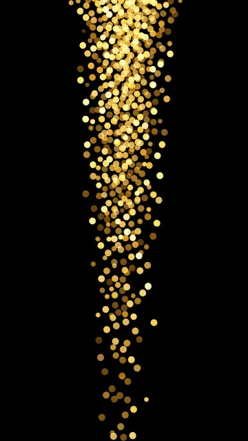 Vertical cascade of glowing golden bokeh dots falling against a solid pure black background