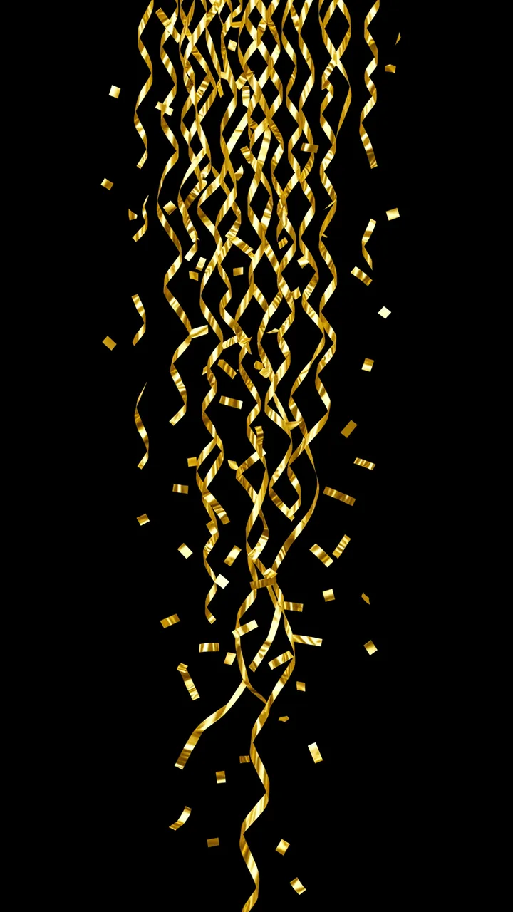 Shiny gold foil confetti and curling streamers fall vertically against a solid pure black background