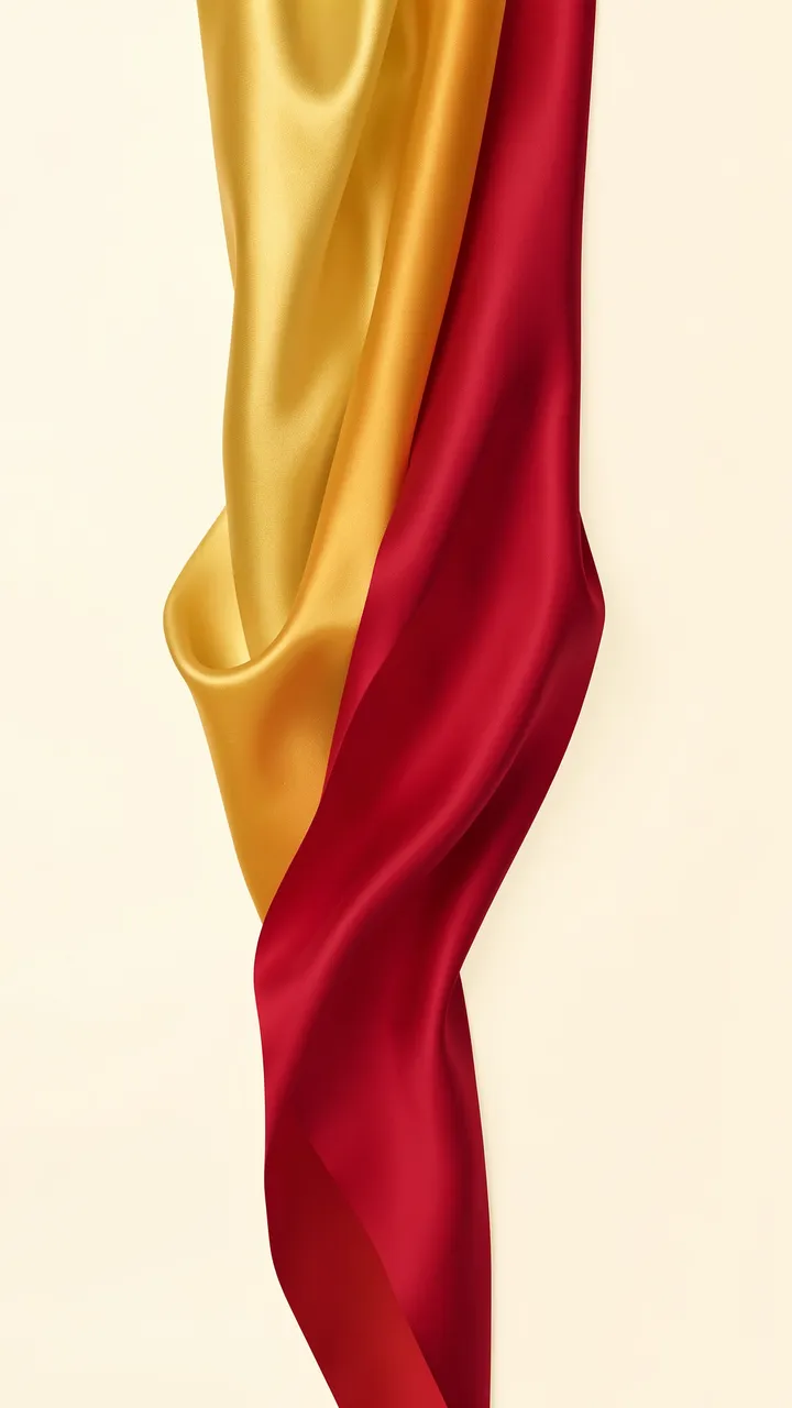 A smooth satin ribbon in soft folds transitions from gold to deep crimson against a cream background