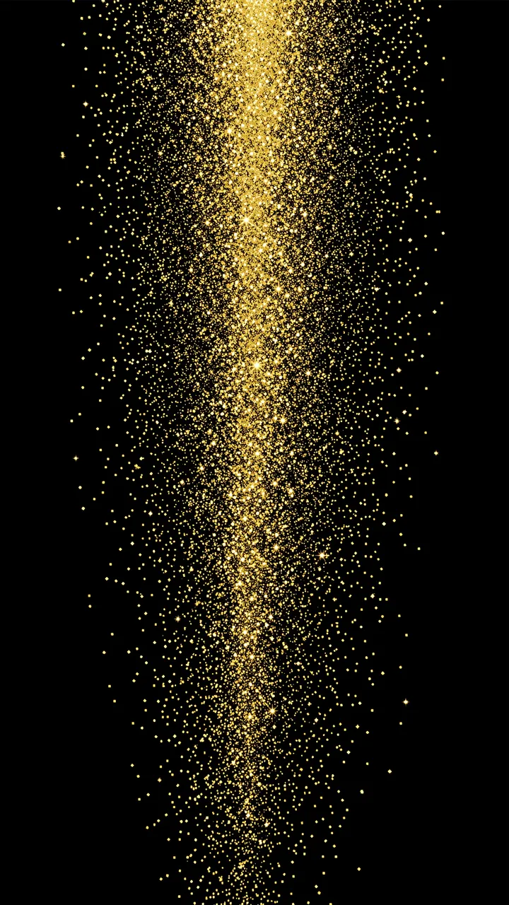 Shimmering gold sparkle dust falls vertically against a solid pure black background