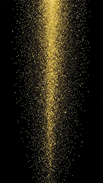 Shimmering gold sparkle dust falls vertically against a solid pure black background