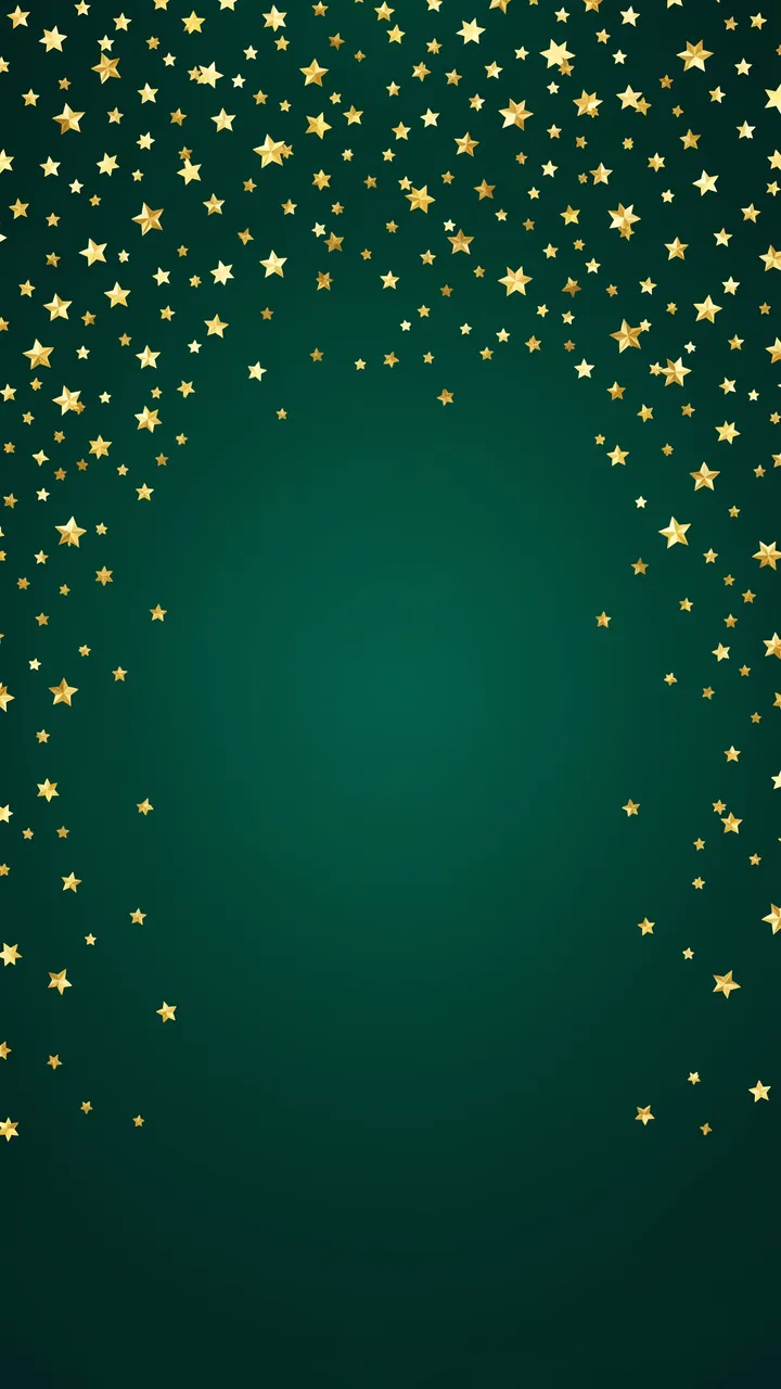Shimmering gold star confetti drifts down over a smooth deep emerald vertical gradient with empty center space