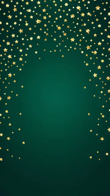 Shimmering gold star confetti drifts down over a smooth deep emerald vertical gradient with empty center space