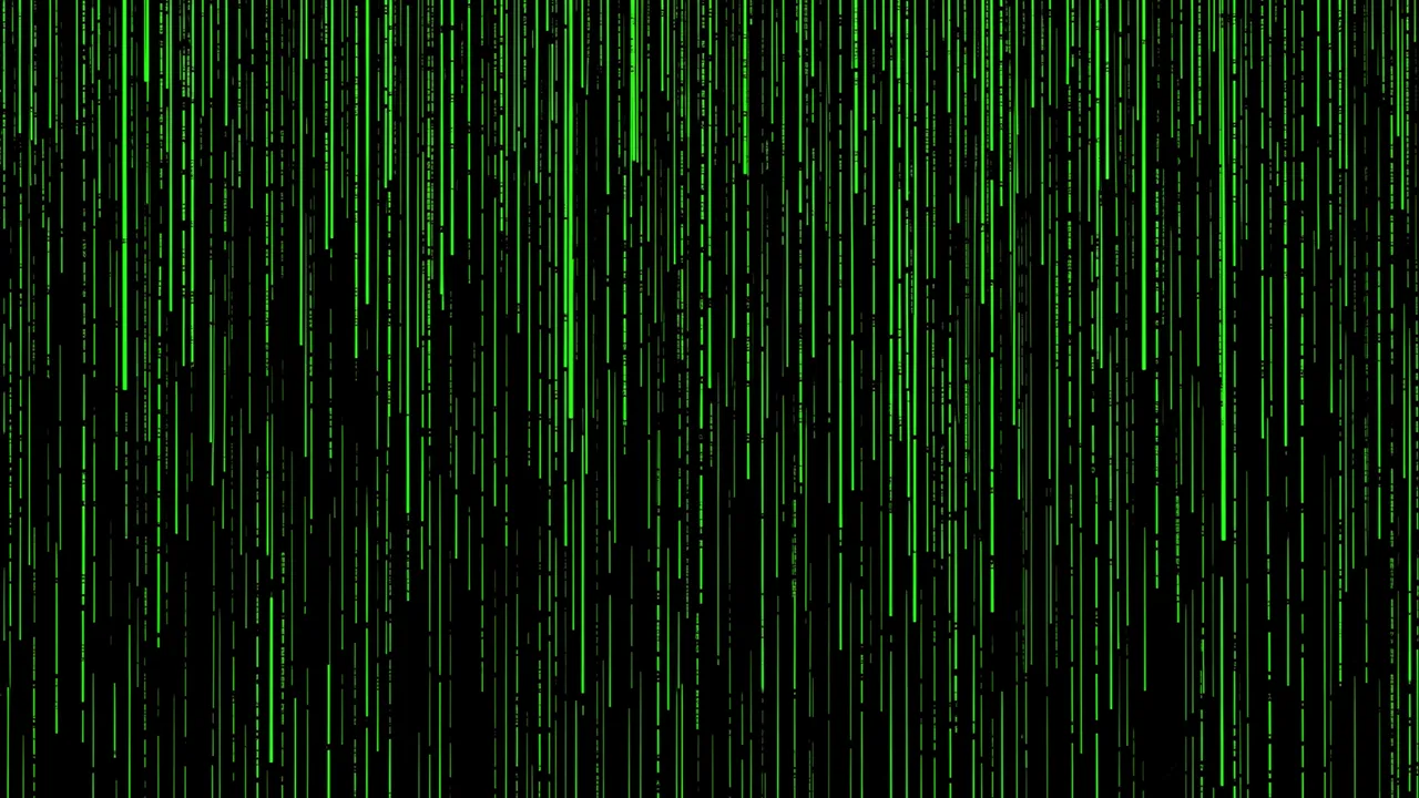 Vertical glowing green light streaks fall across a solid black background in a digital rain pattern.