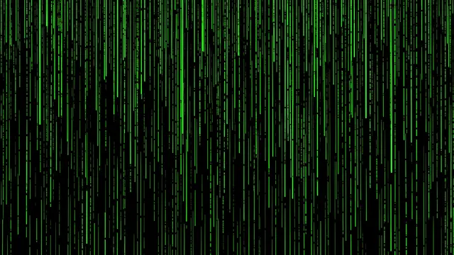 Vertical glowing green light streaks fall across a solid black background in a digital rain pattern.