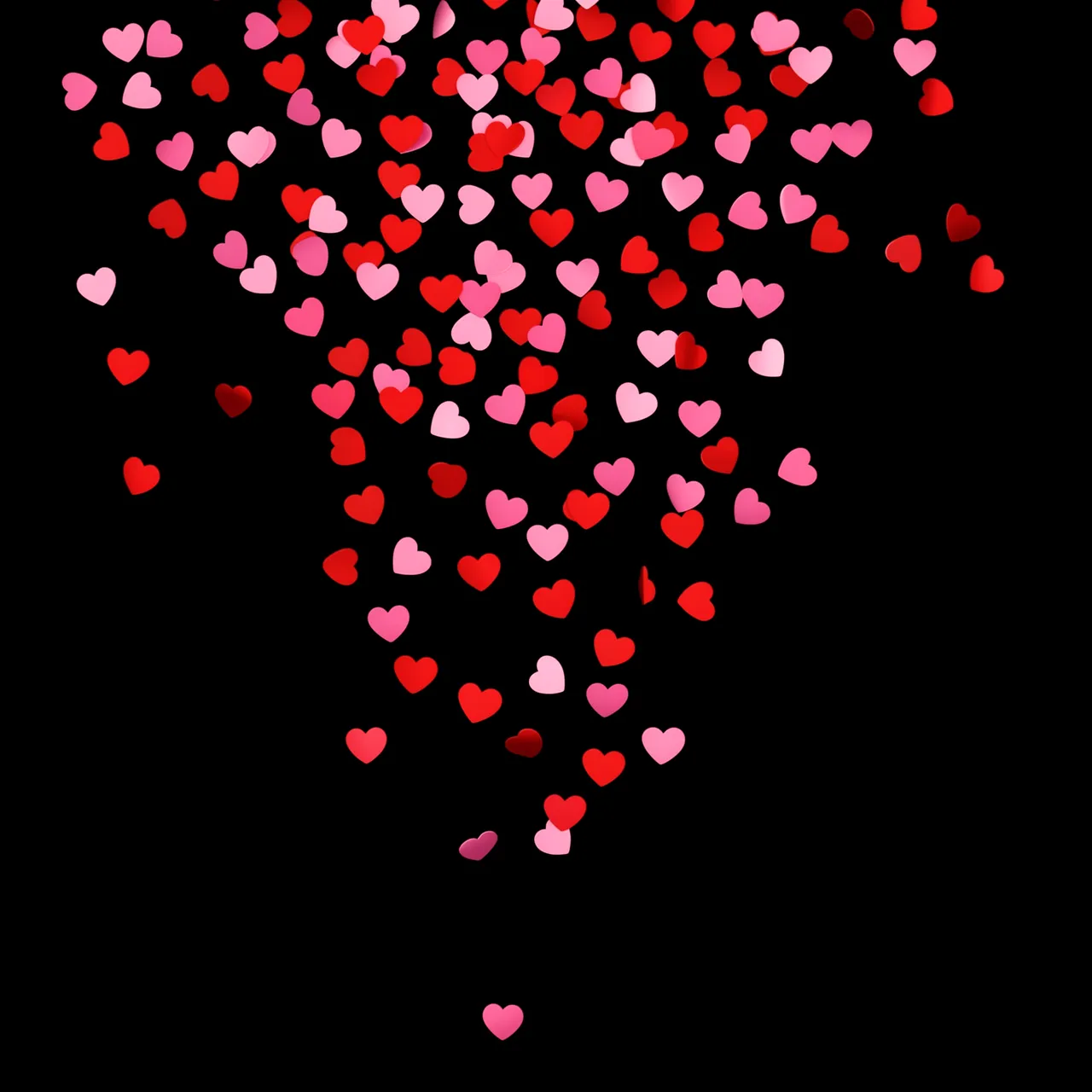 Red and pink heart-shaped confetti drifts downward against a solid pure black background.
