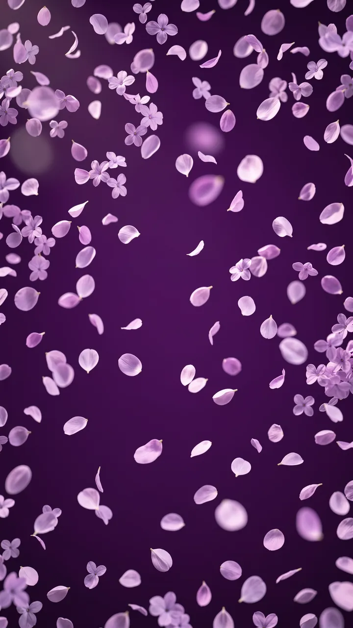 Delicate lilac petals drift gently against a deep purple background with soft diffused light