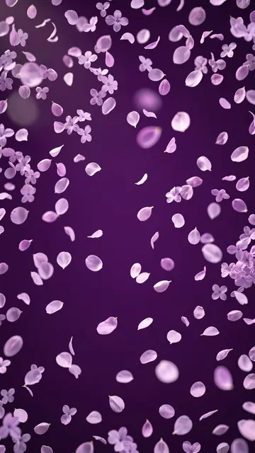 Delicate lilac petals drift gently against a deep purple background with soft diffused light