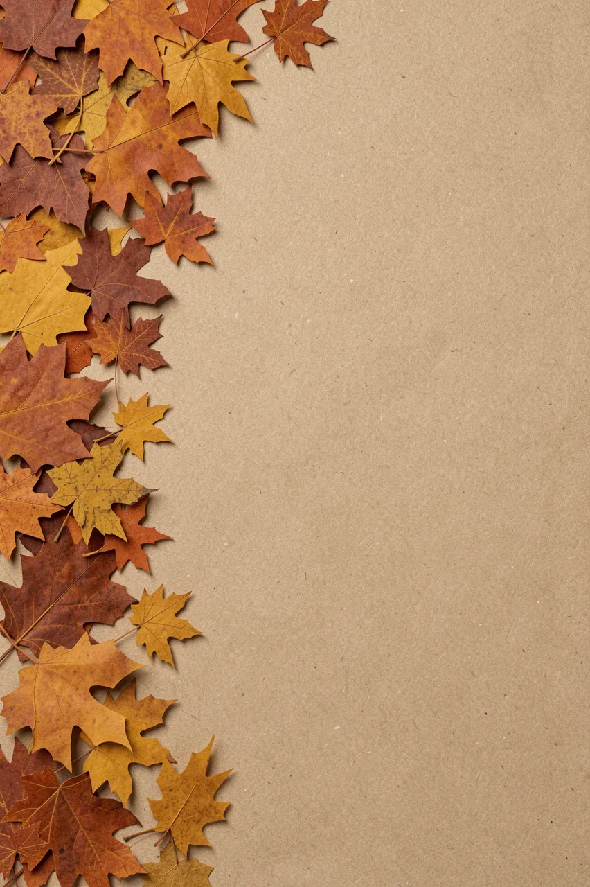 Rust and mustard maple leaves line the left edge of an empty kraft paper background with blank copy space on the right.