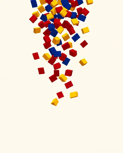 Red, cobalt blue and yellow 3D cubes tumble down against an off-white background