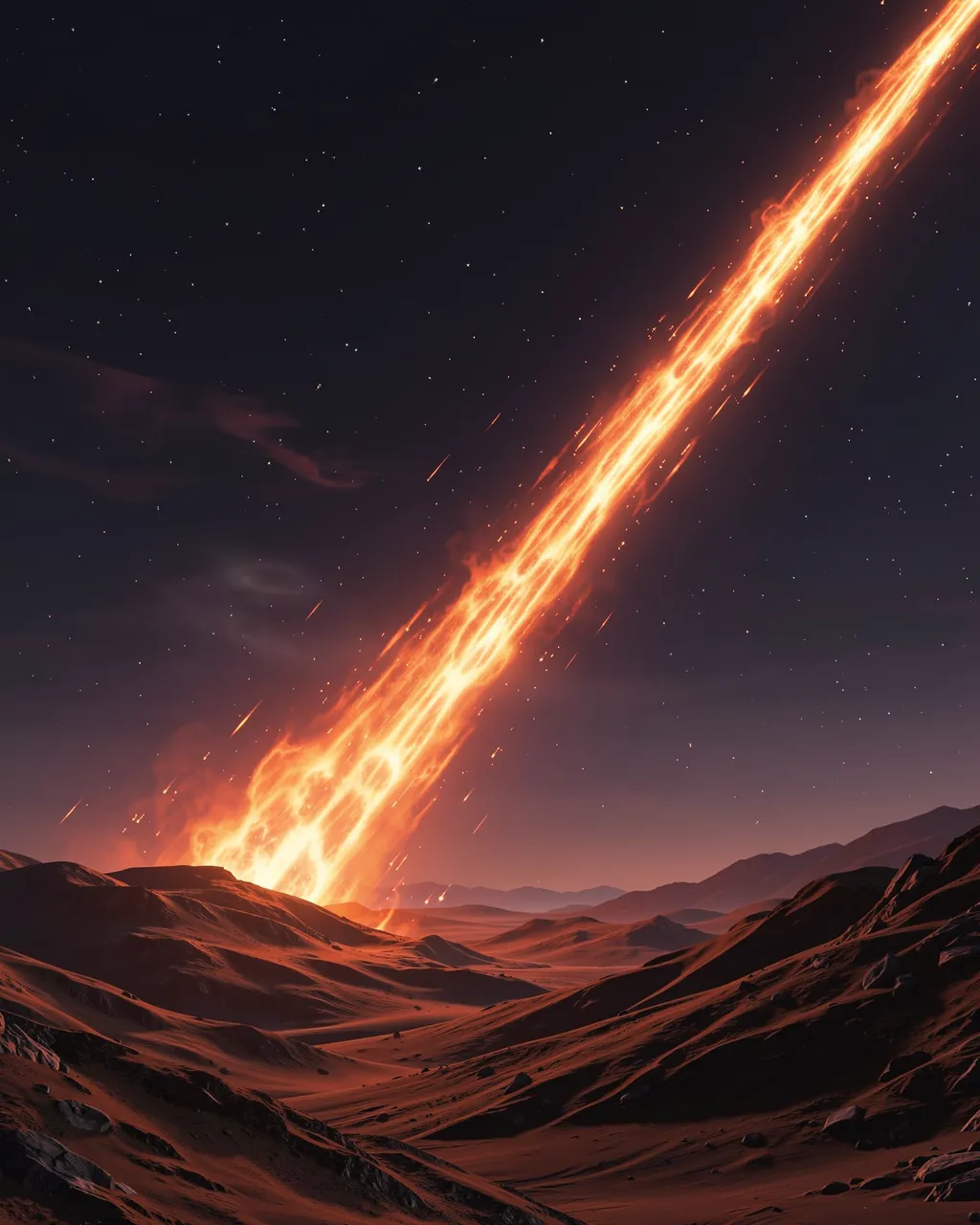 A fiery glowing meteor streaks toward impact across a starry night sky above dark rocky alien hills