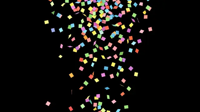 Bright square multicolored paper confetti tumbles down against a solid pure black background