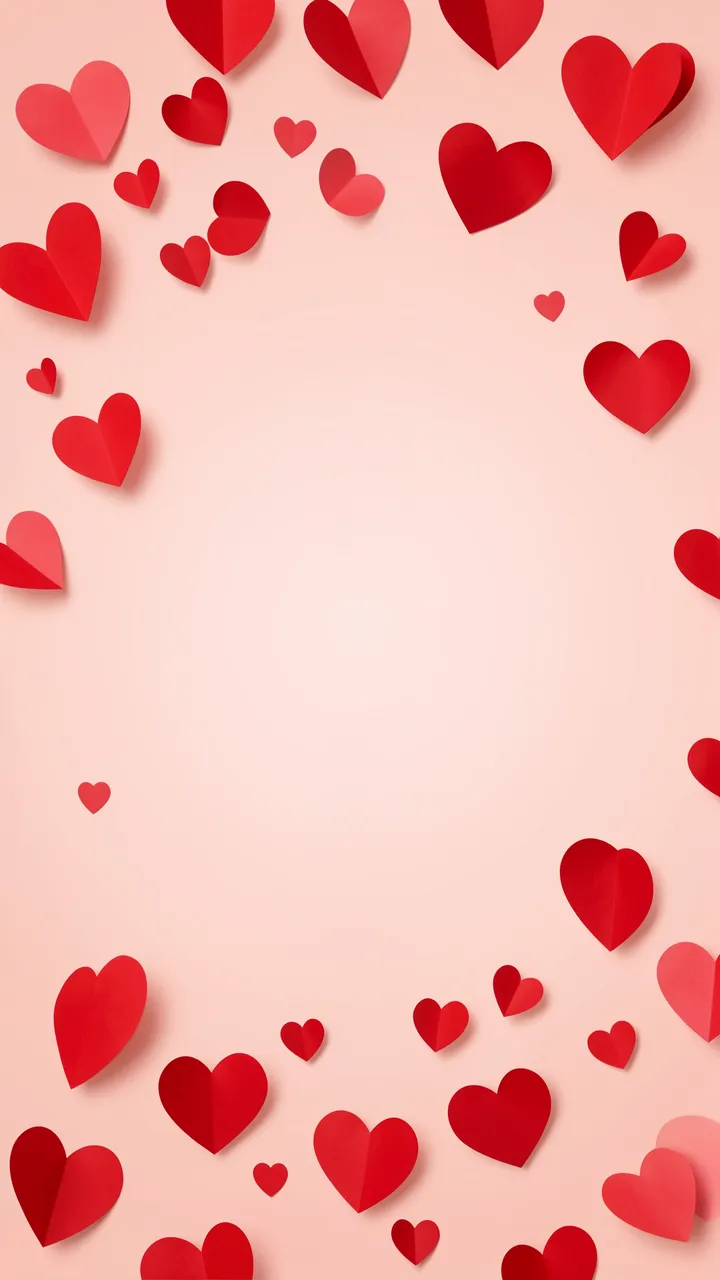 Red and pink paper hearts arranged around an empty central space on a soft blush gradient background