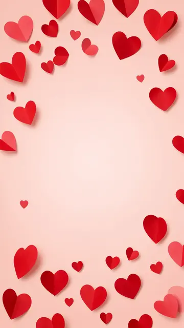 Red and pink paper hearts arranged around an empty central space on a soft blush gradient background