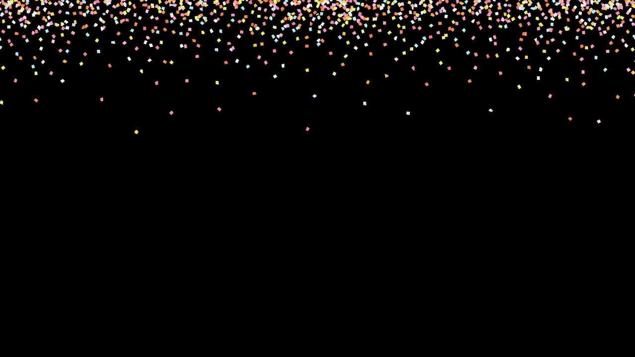 Sparse multicolored square confetti falls along the top edge of a solid pure black background