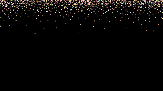 Sparse multicolored square confetti falls along the top edge of a solid pure black background