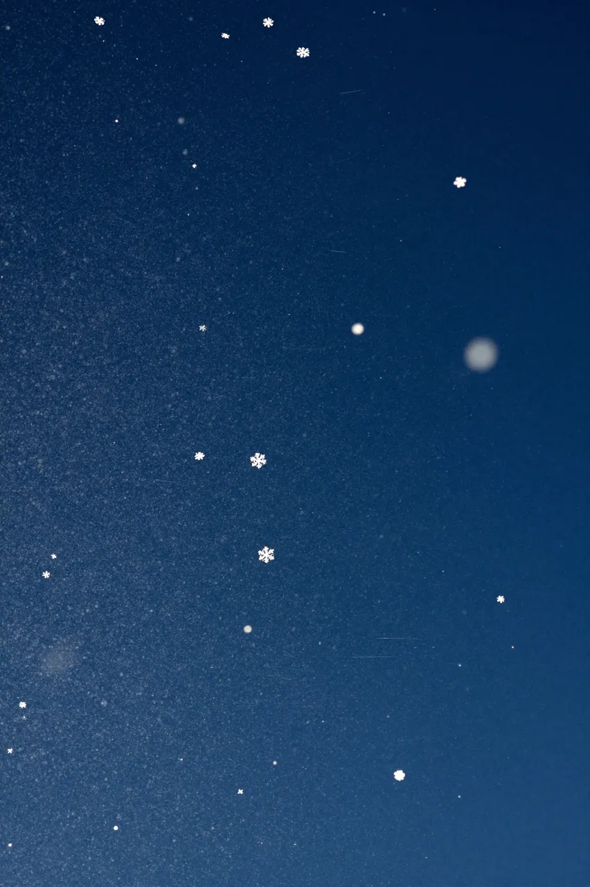 Delicate snowflakes and fine snow particles drift gently across a deep dark blue sky