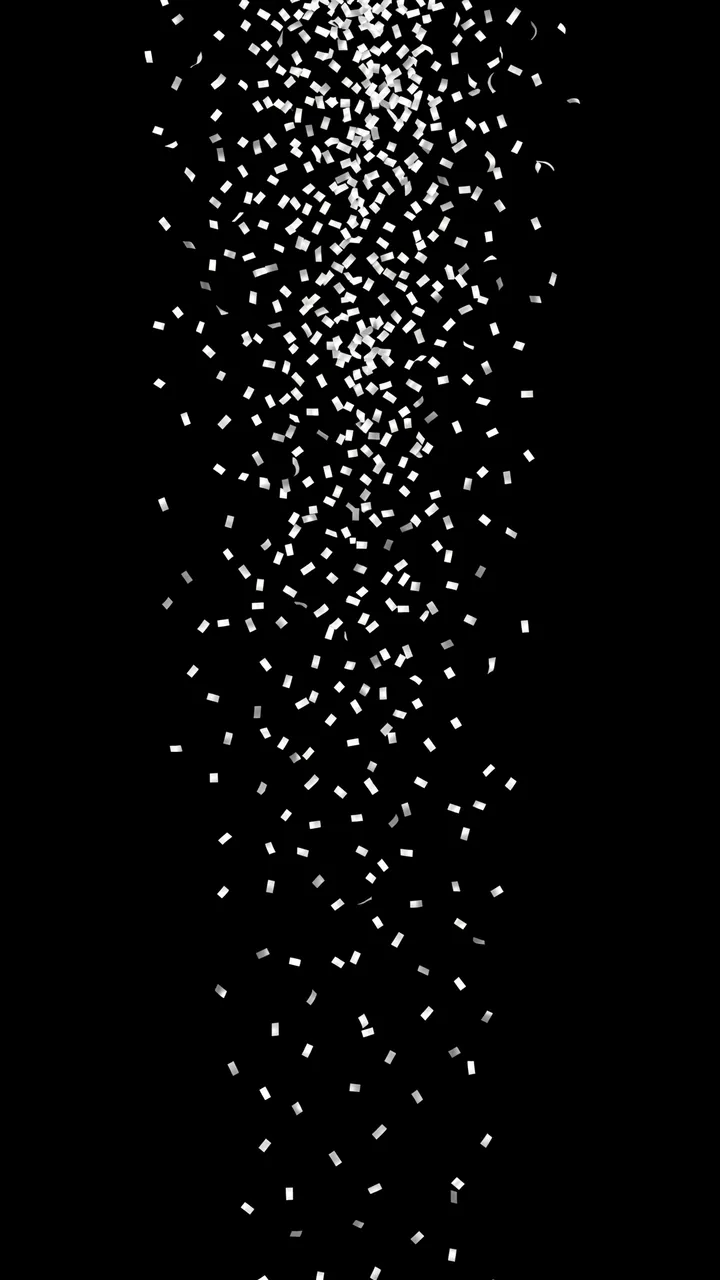 White and silver confetti gently falls vertically against a solid pure black background