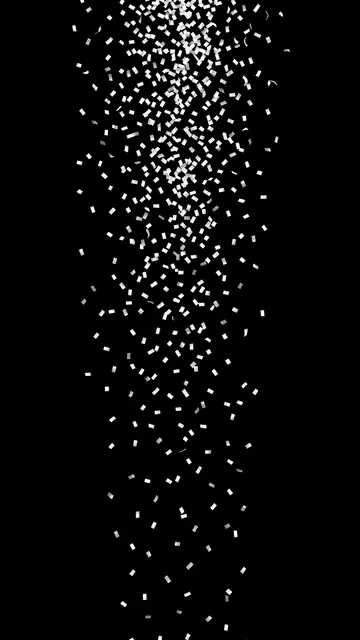 White and silver confetti gently falls vertically against a solid pure black background
