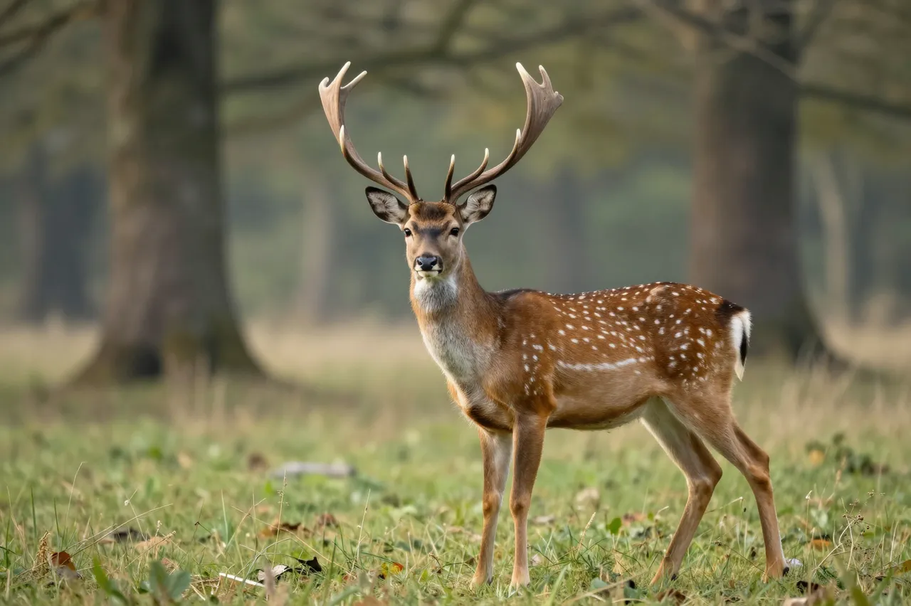 A spotted fallow deer with large antlers stands alert in a sunlit forest clearing, facing the viewer.