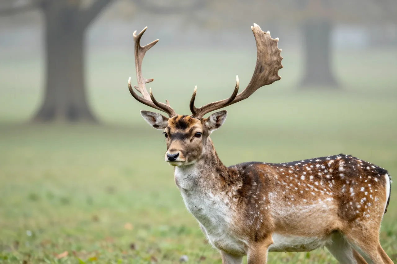 A spotted fallow deer buck with broad antlers stands alert in a foggy grass park