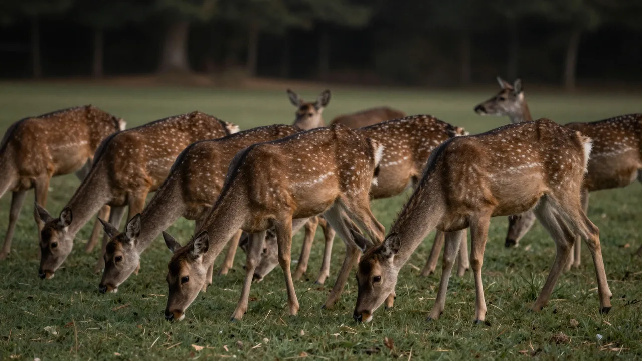 A herd of spotted fallow deer graze on a grassy field near a treeline at dim dusk