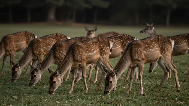 A herd of spotted fallow deer graze on a grassy field near a treeline at dim dusk