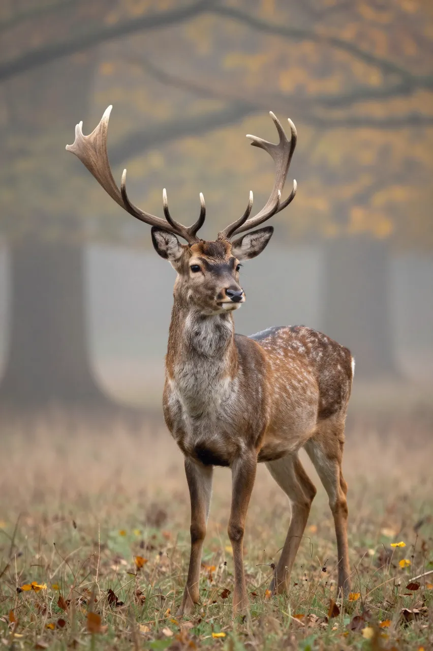 A spotted fallow deer with large antlers stands alert in a foggy autumn woodland clearing.