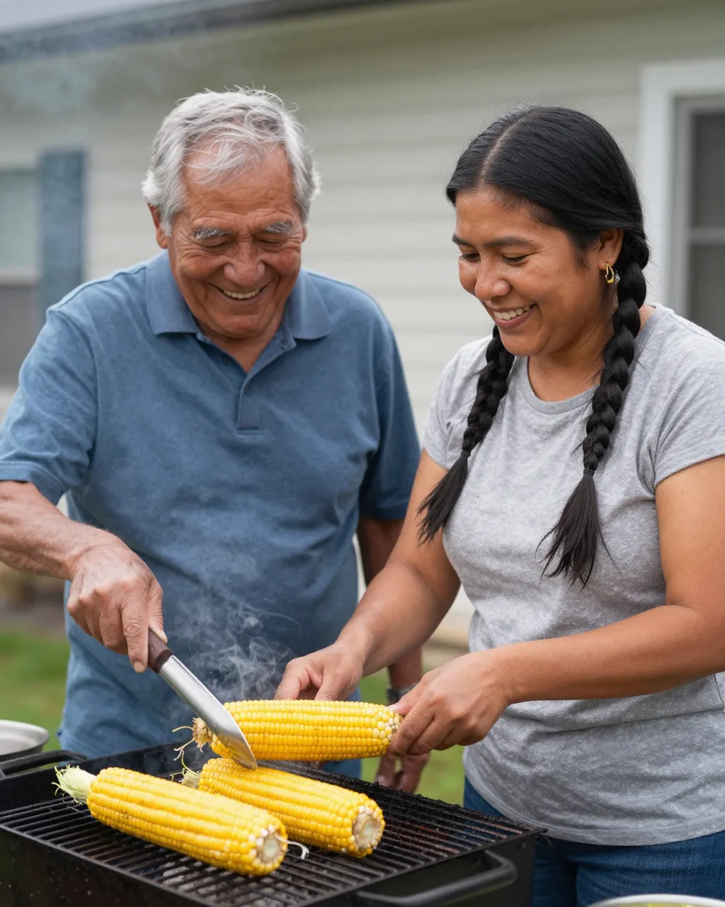 Two Indigenous family members smile while grilling corn together at a backyard barbecue