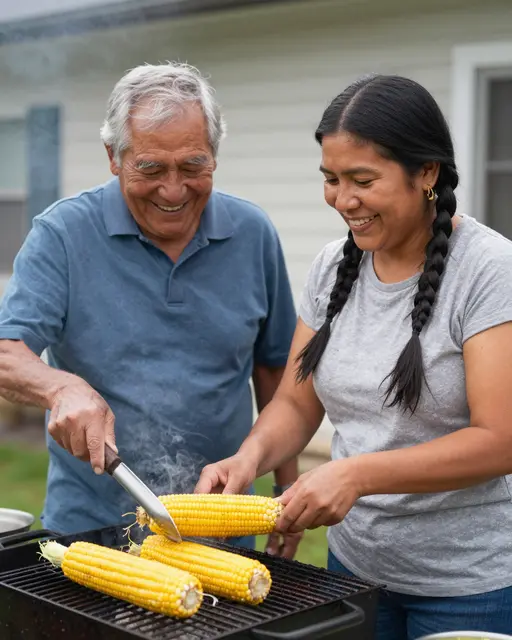 Two Indigenous family members smile while grilling corn together at a backyard barbecue