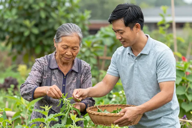 A Southeast Asian man holds a wicker basket while his elderly mother harvests fresh herbs from their garden.
